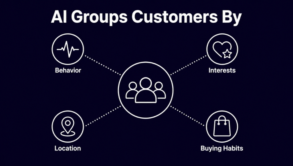 AI groups customers by buying habits for better targeting. AI groups customers by buying habits for better targeting.